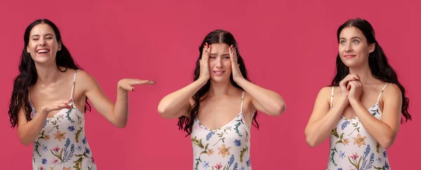 Mulher bonita em um vestido branco com estampa floral posando contra um fundo de estúdio rosa . — Fotografia de Stock