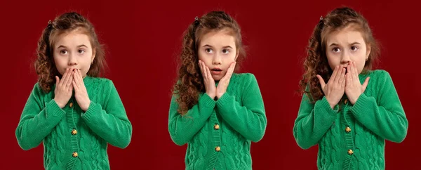 Kırmızı bir arka plan üzerinde poz yeşil örme kazak güzel bir küçük kız portresi. — Stok fotoğraf