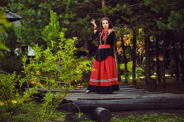 Menina morena em um traje nacional autêntico ucraniano branco e uma grinalda de flores está posando em uma madeira . — Fotografia de Stock