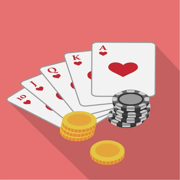 Playing cards suit hearts with chips laying nearby on a pink background. Vector illustration. Close-up. Gambling entertainment, poker, casino. — Stock Vector