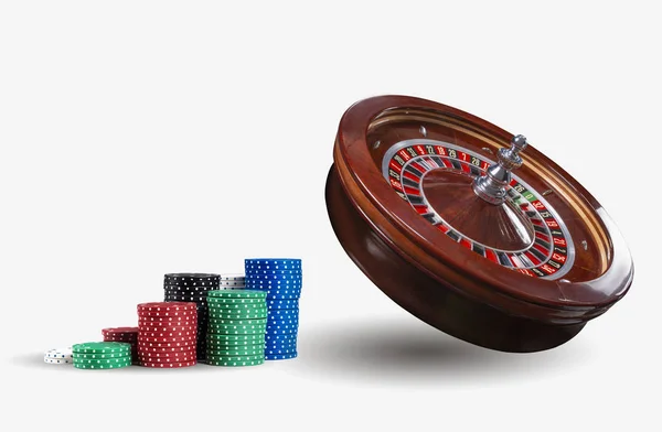 Close-up foto van een bruine roulette en chips in palen, geïsoleerd op witte achtergrond. Gokken entertainment. — Stockfoto