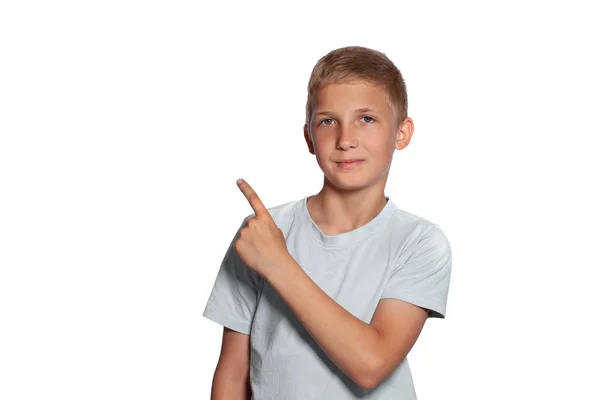 Close Portrait Lovely Blonde Teenage Boy White Shirt Pointing Something — Stock Photo, Image