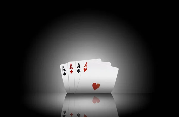 Close-up photo of four aces standing on a mirror surface with a backlight. Black background. Playing cards. Gambling entertainment. — Stock Photo, Image