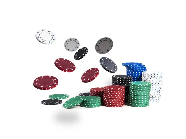 Colorful chips in piles are flying apart, isolated on white background. Close-up photo. Gambling entertainment. — Stock Photo, Image