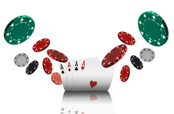 Close-up photo of four aces and colorful chips which are flying apart, isolated on white background. Gambling entertainment. — Stock Photo, Image