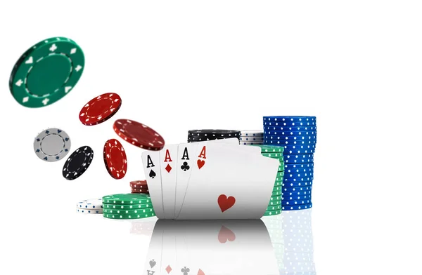 Close-up photo of four aces, colorful chips in piles standing behind and some of them are flying apart, isolated on white background. — Stock Photo, Image