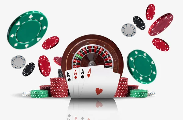 Four aces standing ahead of a brown roulette and chips in piles which flying apart, isolated on white background. Gambling entertainment. Close-up. — Stock Photo, Image