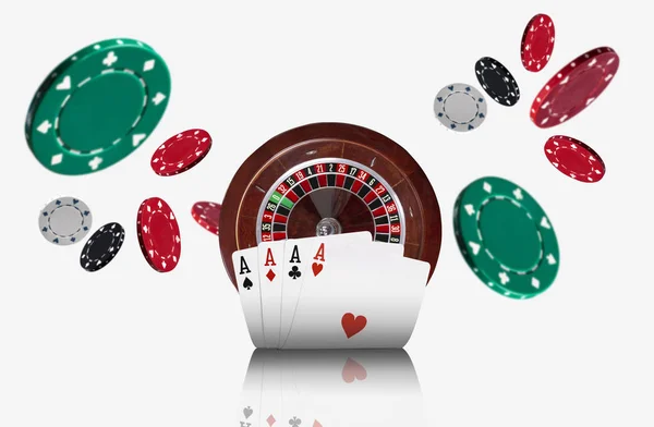 Close-up photo of four aces standing ahead of a brown roulette and chips which flying apart, isolated on white background. Gambling entertainment. — Stock Photo, Image