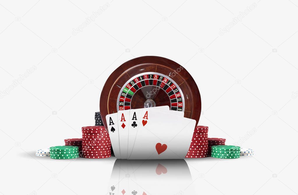 Close-up photo of four aces standing ahead of a brown roulette and chips in piles, isolated on white background. Gambling entertainment.