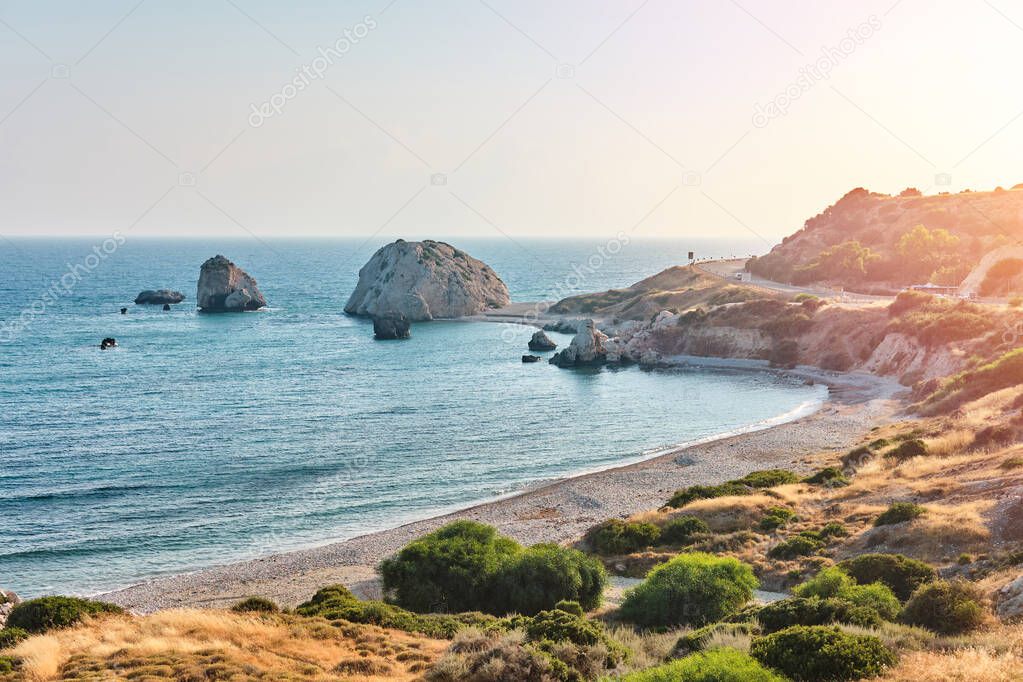 Shot of the coast of Aphrodite's birthplace near Paphos city, Cyprus. A popular holiday destination. Tourism, vacation, traveling, leisure concept.