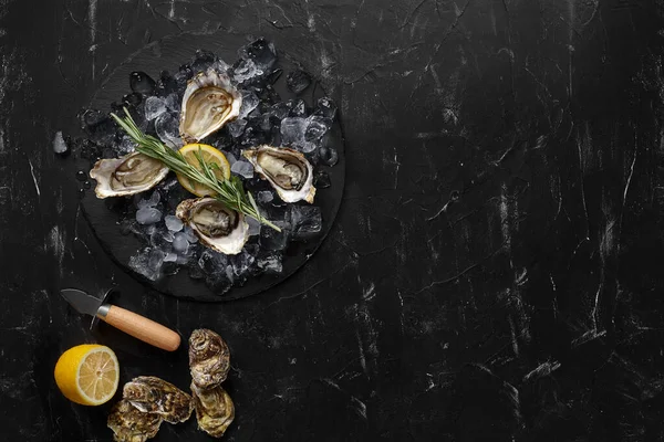 Fresh opened oysters, ice and lemon on a round slate, black stone textured background. Top view with copy space. Close-up shot. — Stock Photo, Image