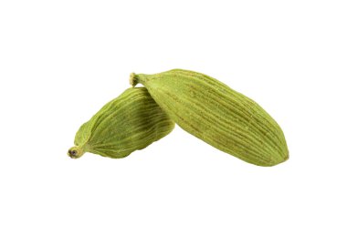 Green cardamom pods isolated on white background with copy space for text or images. Spices, food, cooking concept. Close-up shot. clipart