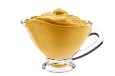 Beyaz zemin üzerinde izole edilmiş cam soslu hardal sosu metin veya görüntüler için kopyalama alanı. Baharatlar ve bitkiler. Yakın çekim..