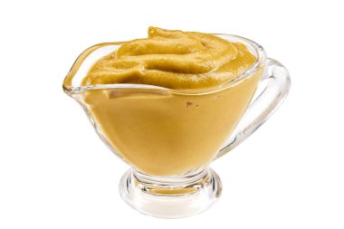 Beyaz zemin üzerinde izole edilmiş cam soslu hardal sosu metin veya görüntüler için kopyalama alanı. Baharatlar ve bitkiler. Yakın çekim..