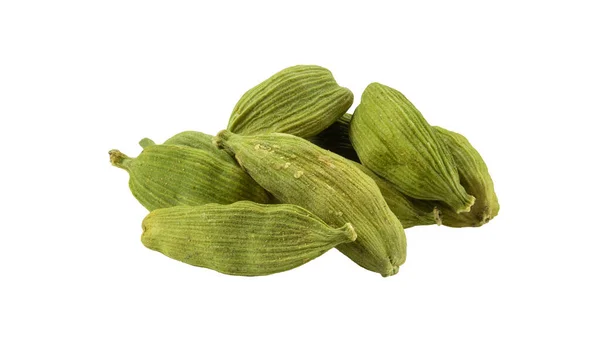 Green cardamom pods isolated on white background with copy space for text or images. Spices, food, cooking concept. Close-up shot. — Stock Photo, Image