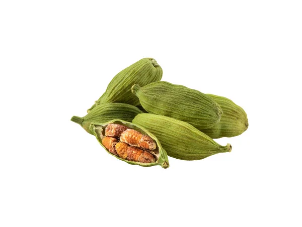 Vainas de cardamomo verde con semillas aisladas sobre fondo blanco con espacio de copia para texto o imágenes. Especialidades, comida, concepto de cocina. Foto de cierre. — Foto de Stock