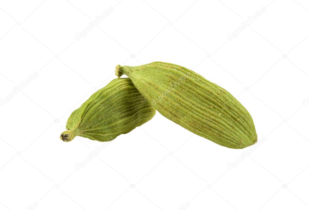 Green cardamom pods isolated on white background with copy space for text or images. Spices, food, cooking concept. Close-up shot.