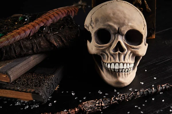 Realistic model of a human skull with teeth on a wooden dark table, black background. Medical science or Halloween horror concept. Close-up shot. — Stock Photo, Image