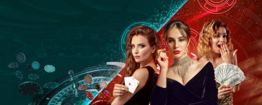 Women in stylish dresses showing chips, money and playing cards. They posing on colorful background with roulette. Poker, casino. Close-up clipart