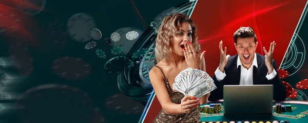 Parlak elbiseli kadın elinde para tutuyor. Üzerinde çipler ve dizüstü bilgisayarla masada oturan heyecanlı adam. Renkli arka planda poz veriyorlar. Poker, kumarhane