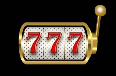 Kumarhane kumar makinesi, bobinlerde üçlü yedi büyük ikramiye, siyah arka planda tek kollu altın aparat. Yakın plan.