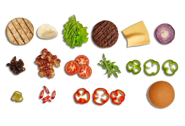 Set of ingredients for delicious burger isolated on white background. Cooking, fast food. Banner design. Close up, copy space — Stock Photo, Image