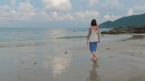 Όμορφο brunette που περπατά κατά μήκος βράχων, δίπλα στην παραλία σε μια συννεφιασμένη μέρα — Αρχείο Βίντεο