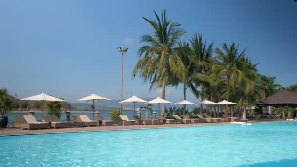 A beautiful overview of a swimming pool with an ocean, mountains and palm trees at the background — Stock Video