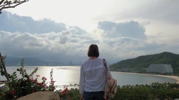 Una vista trasera de una joven mujer disfrutando de un hermoso océano y el paisaje del cielo con las montañas y los rascacielos en el fondo — Vídeo de stock