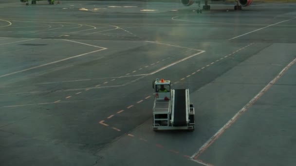 04.08.18 Novoszibirszk Repülőtér Tolmachevo. Egy különleges kamion a repülőtéren, a parkosított sík felé — Stock videók