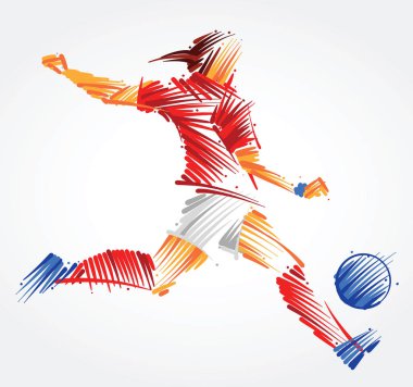 Işık arka plan üzerinde renkli Pazar kadın futbol oyuncusu topu tekmeleme yapılmış