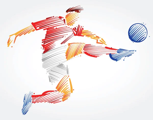 Soccer player flying to kick the ball made of colorful brushstrokes on light background