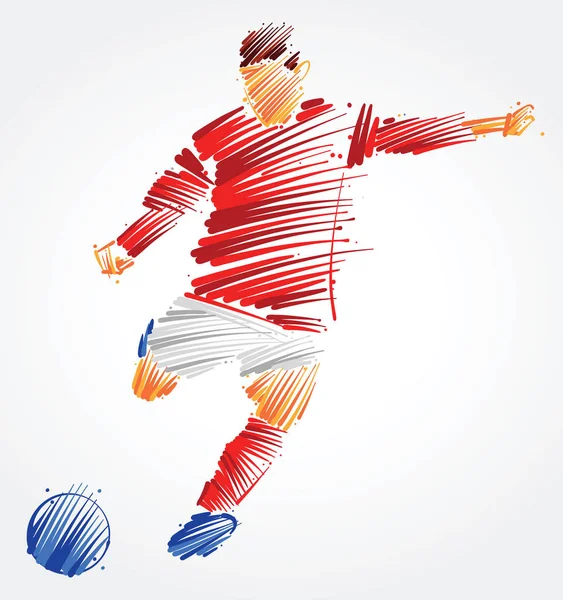足球运动员在灯光背景下用五颜六色的笔触球踢球 — 图库矢量图片
