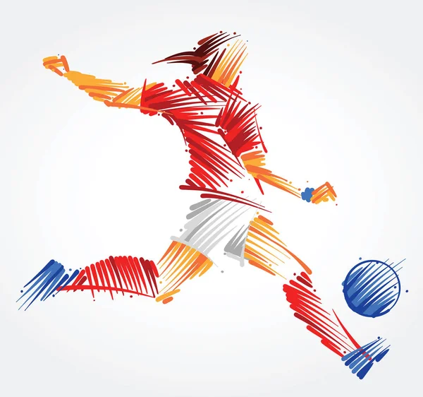 Jugadora Fútbol Mujer Pateando Pelota Hecha Pinceladas Colores Sobre Fondo — Vector de stock