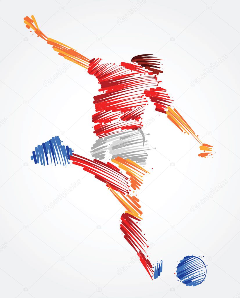 Soccer player ready to kick the ball made of colorful brushstrokes