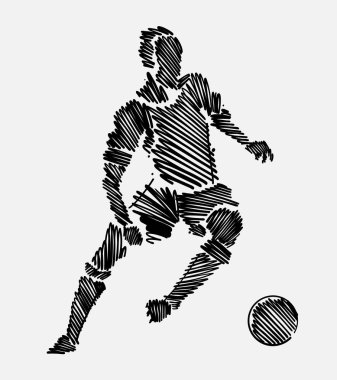 Siyah topu taşıyan futbol oyuncu adam çiziminin karalanmış
