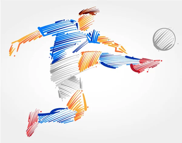Jogador de futebol voando para chutar a bola — Vetor de Stock
