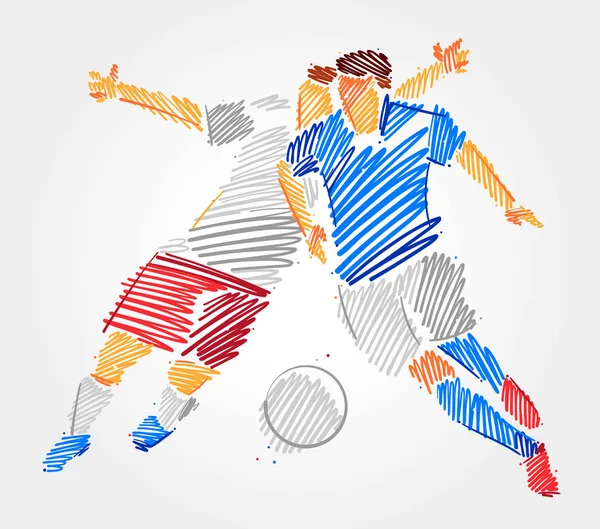 Two soccer players fighting over the ball — Stock Vector