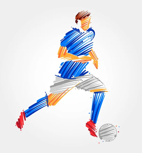 Dibujo del jugador de fútbol que lleva la pelota — Vector de stock