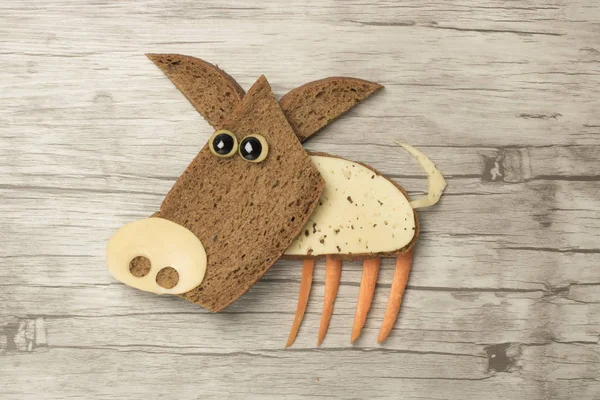 Funny Sandwich Pig Made Wooden Background — Stock Photo, Image