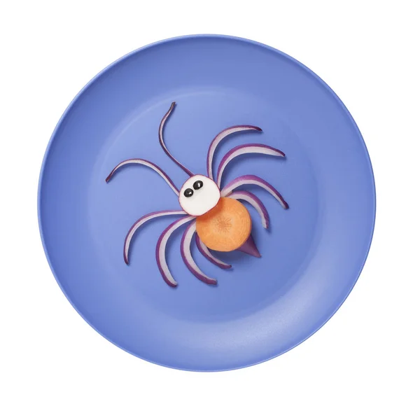 Spider Made Onion Carrot Blue Plate — Stock Photo, Image