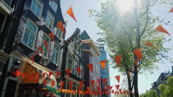 Wandelen in de straten van Amsterdam. Oude huizen en driehoekige oranje vlaggen bij de bovenkant. Steadicam pov video, lage hoek schoot — Stockvideo