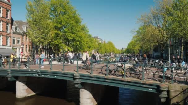 Amesterdam, Holandia, maja 2018 r.: Intensywny ruch rowerzystów i pieszych wzdłuż malowniczego mostu nad kanałem. Życie miasta w Amsterdam — Wideo stockowe