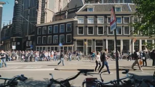 Amesterdam, Netherlands, May 2018: Mad traffic of tourists in Amesterdam. A crowd of people walking down the street, bicycles in the foreground. Steadicam shot — Stock Video