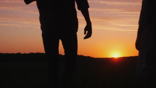 Ένα ζευγάρι των αγροτών άνδρας και η γυναίκα το περπάτημα μακριά σε αυτό το πεδίο κατά το ηλιοβασίλεμα. Ένας άνθρωπος ασκεί μια πλεξούδα στον ώμο του — Αρχείο Βίντεο