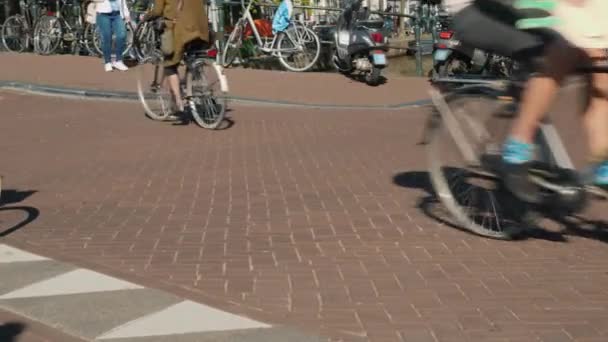 Ruchu rowerzystów na wąskiej ulicy Amsterdamu. Transport przyjazny środowisku, w Europie się wiele rowerów i pieszych. Nie rozpoznawalnych osób — Wideo stockowe