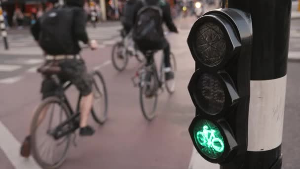 Bicyclistes fous de la circulation dans la rue à Amsterdam. Il n'y a pas de personnes reconnaissables, les roues de vélo et les feux de circulation au premier plan sont visibles dans le cadre — Video