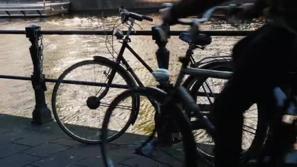 Verkeer fietsen op de oever van het kanaal. Silhouet van een fiets. Amsterdam, Nederland — Stockvideo