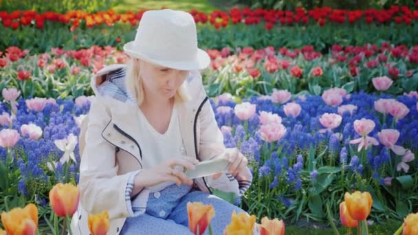 Wanita muda turis mengambil gambar bunga yang indah dengan bunga di taman Keukenhof di Belanda. Tourism in Europe concept — Stok Video