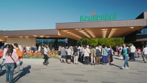 Keukenhof, Lisse Netherland maj 2018: Ingången till den berömda Keukenhof parken i Nederländerna. Nära ingången en massa turister. MD - perioden av blommande tulpaner — Stockvideo